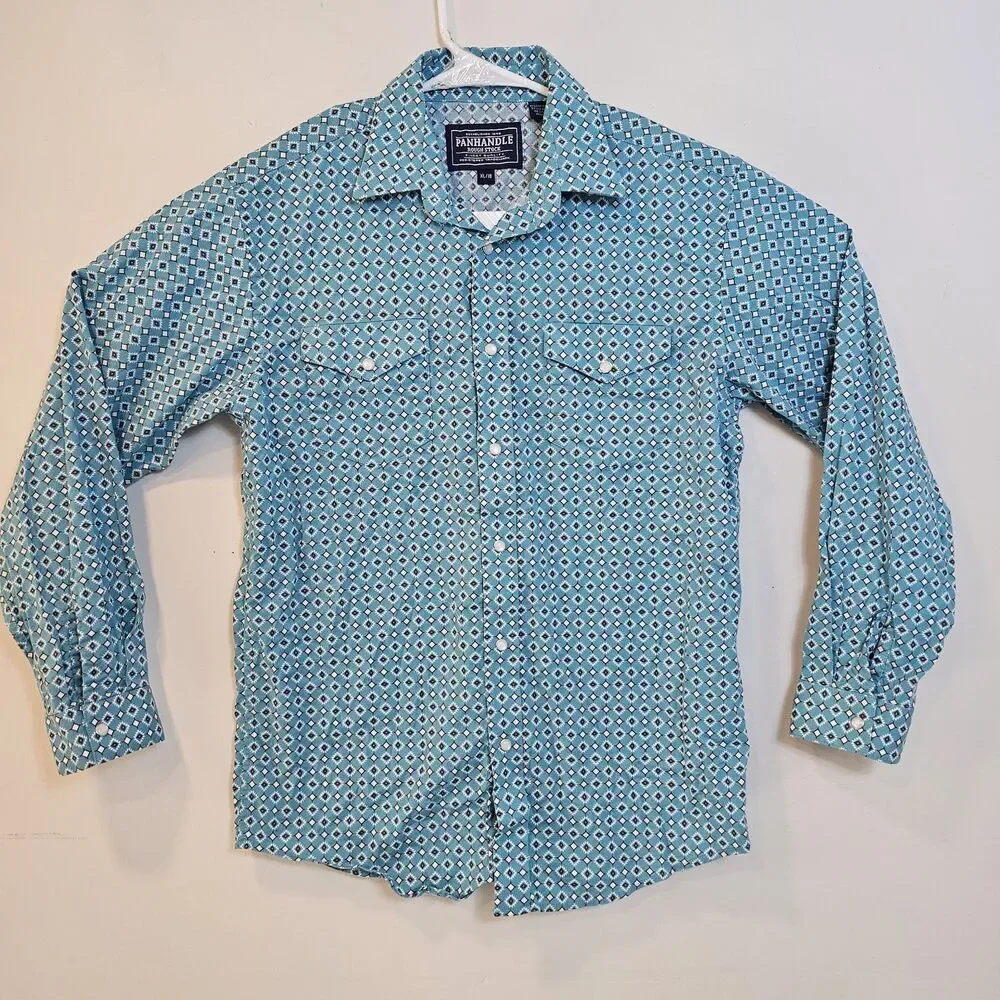 PANHANDLE Rough Stock Youth Size XL/18 Turquoise Print Pearl-Snap Western Shirt
